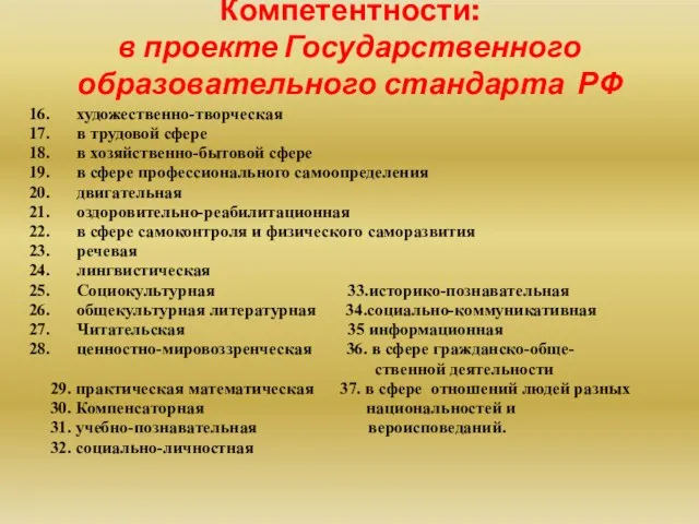 Компетентности: в проекте Государственного образовательного стандарта РФ художественно-творческая в трудовой сфере в