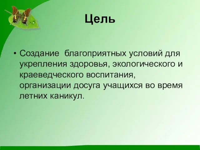 Цель Создание благоприятных условий для укрепления здоровья, экологического и краеведческого воспитания, организации