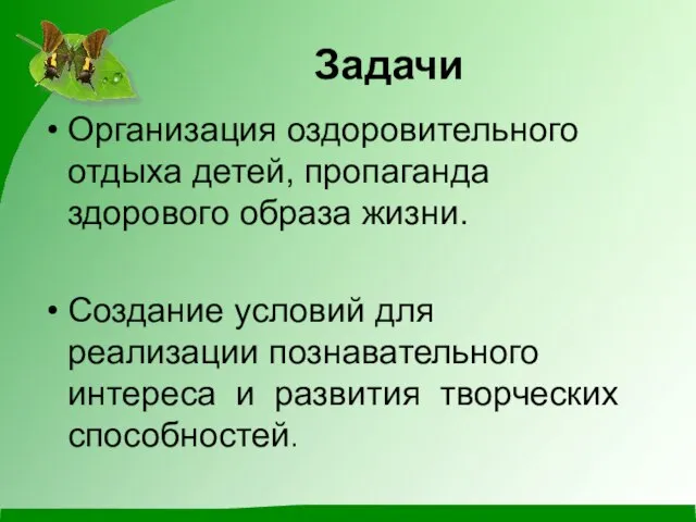 Задачи Организация оздоровительного отдыха детей, пропаганда здорового образа жизни. Создание условий для