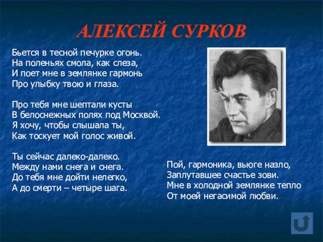 АЛЕКСЕЙ СУРКОВ Бьется в тесной печурке огонь. На поленьях смола, как слеза,