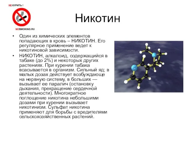 Никотин Один из химических элементов попадающих в кровь – НИКОТИН. Его регулярное