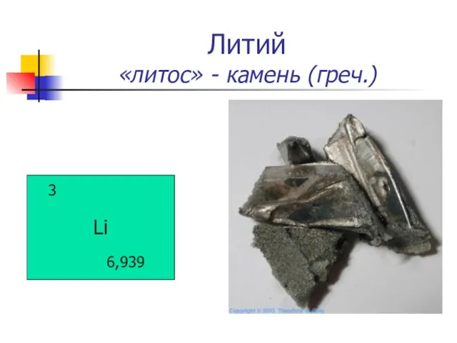 Литий «литос» - камень (греч.) Li 6,939 3