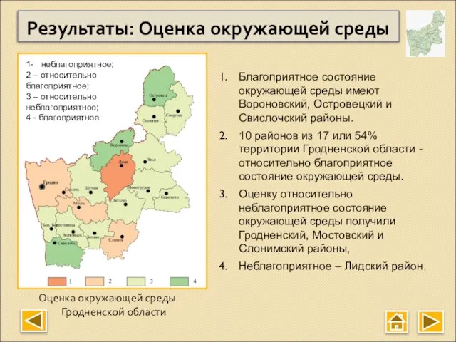 Оценка окружающей среды Гродненской области Результаты: Оценка окружающей среды Благоприятное состояние окружающей