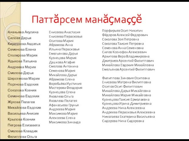 Паттăрсем манăçмаççĕ Ананьева Акулина Силова Дарья Кириллова Авдатья Семенова Елена Столярова Мария