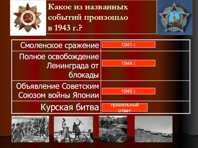 Какое из названных событий произошло в 1943 г.? 1941 г. 1944 г. 1945 г. правильный ответ