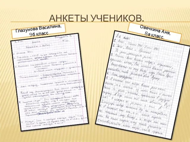 АНКЕТЫ УЧЕНИКОВ. Глазунова Василина, 9б класс Овечкина Аня, 8а класс.