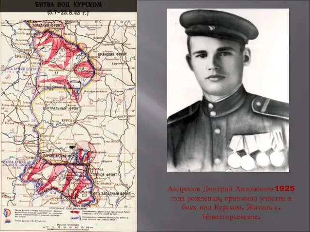 Андросов Дмитрий Антонович-1925 года рождения, принимал участие в боях под Курском. Житель с. Новоегорьевское.