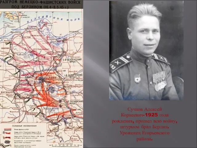 Сучков Алексей Корнеевич-1925 года рождения, прошел всю войну, штурмом брал Берлин. Уроженец Егорьевского района.