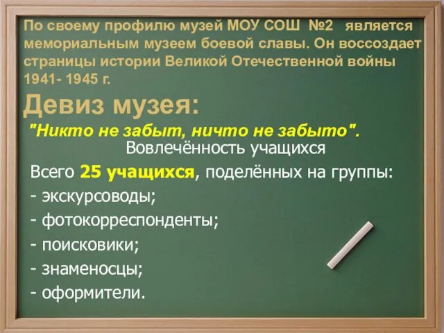 Вовлечённость учащихся Всего 25 учащихся, поделённых на группы: - экскурсоводы; - фотокорреспонденты;