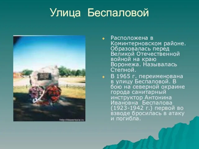 Улица Беспаловой Расположена в Коминтерновском районе. Образовалась перед Великой Отечественной войной на