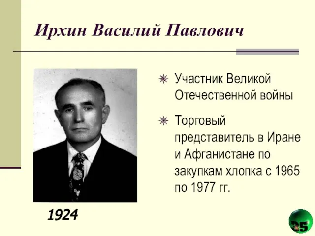 Ирхин Василий Павлович Участник Великой Отечественной войны Торговый представитель в Иране и