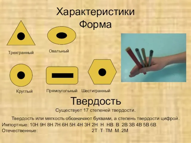 Характеристики Форма Круглый Прямоугольный Шестигранный Трехгранный Овальный Твердость Существует 17 степеней твердости.