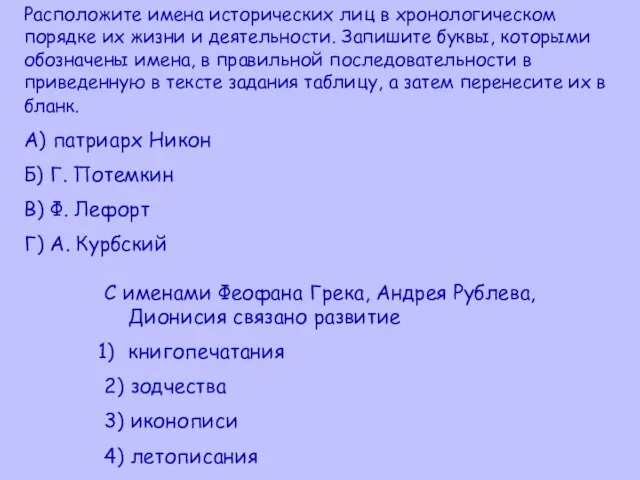 Расположите имена исторических лиц в хронологическом порядке их жизни и деятельности. Запишите