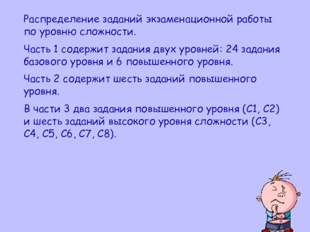 Распределение заданий экзаменационной работы по уровню сложности. Часть 1 содержит задания двух