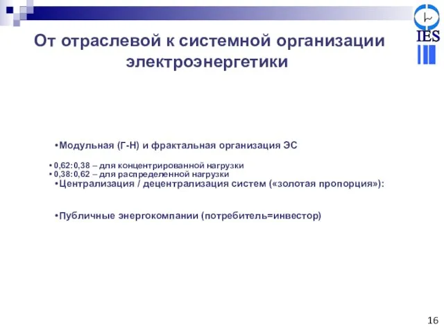 От отраслевой к системной организации электроэнергетики 16 Модульная (Г-Н) и фрактальная организация