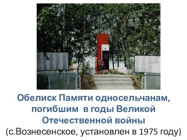 Обелиск Памяти односельчанам, погибшим в годы Великой Отечественной войны (с.Вознесенское, установлен в 1975 году)