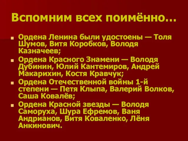 Вспомним всех поимённо… Ордена Ленина были удостоены — Толя Шумов, Витя Коробков,