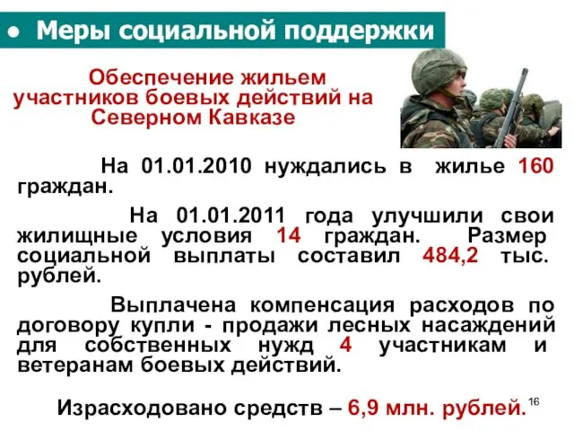 Израсходовано средств – 6,9 млн. рублей. Обеспечение жильем участников боевых действий на