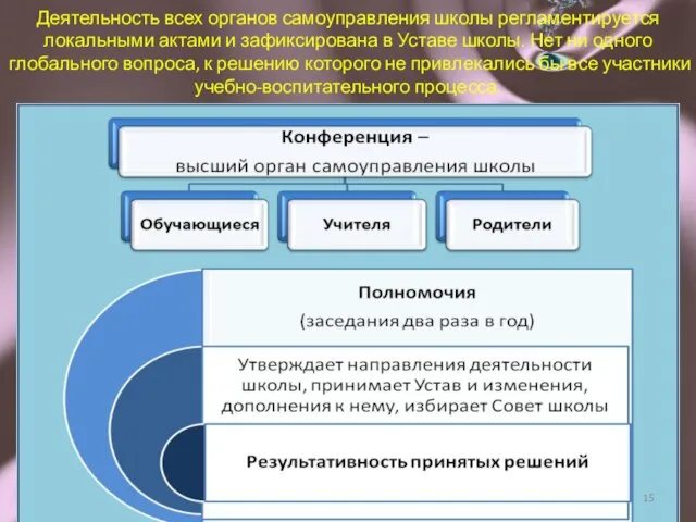 Деятельность всех органов самоуправления школы регламентируется локальными актами и зафиксирована в Уставе