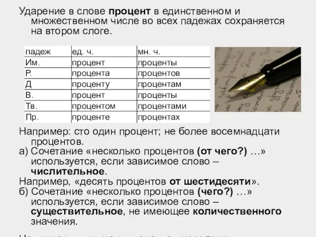 Ударение в слове процент в единственном и множественном числе во всех падежах