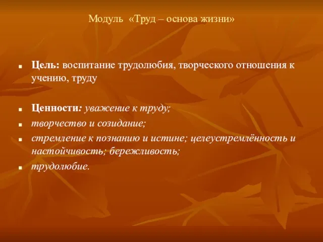 Модуль «Труд – основа жизни» Цель: воспитание трудолюбия, творческого отношения к учению,