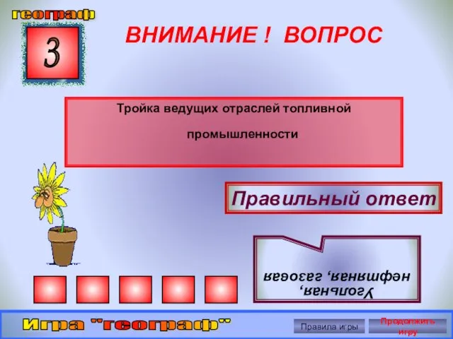 ВНИМАНИЕ ! ВОПРОС Тройка ведущих отраслей топливной промышленности 3 Правильный ответ Угольная,