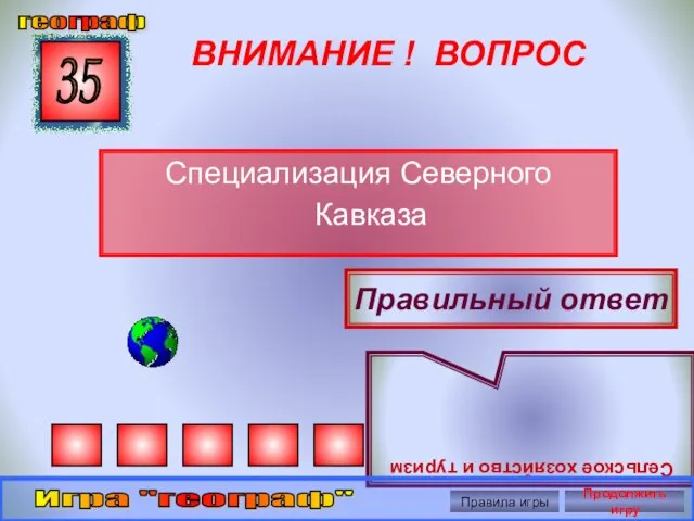 ВНИМАНИЕ ! ВОПРОС Специализация Северного Кавказа 35 Правильный ответ Сельское хозяйство и