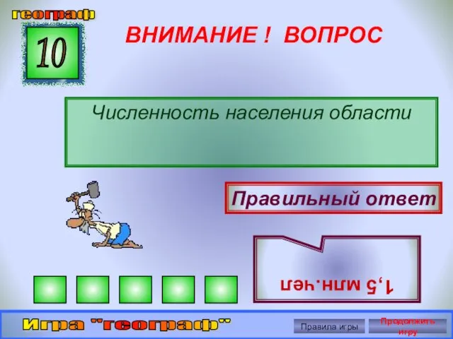 ВНИМАНИЕ ! ВОПРОС Численность населения области 10 Правильный ответ 1,5 млн.чел географ