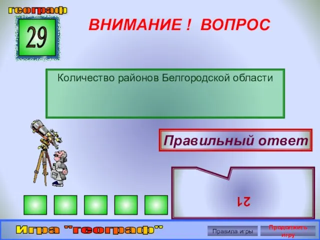 ВНИМАНИЕ ! ВОПРОС Количество районов Белгородской области 29 Правильный ответ 21 географ