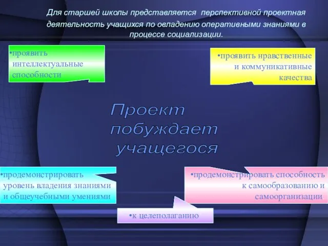 Для старшей школы представляется перспективной проектная деятельность учащихся по овладению оперативными знаниями