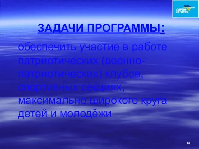 ЗАДАЧИ ПРОГРАММЫ: обеспечить участие в работе патриотических (военно-патриотических) клубов, спортивных секциях, максимально