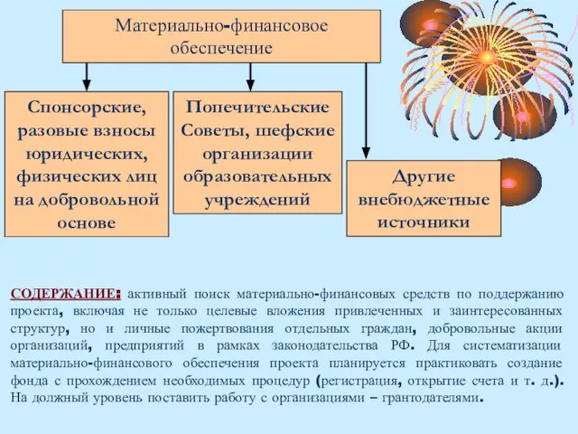 Материально-финансовое обеспечение Спонсорские, разовые взносы юридических, физических лиц на добровольной основе Попечительские