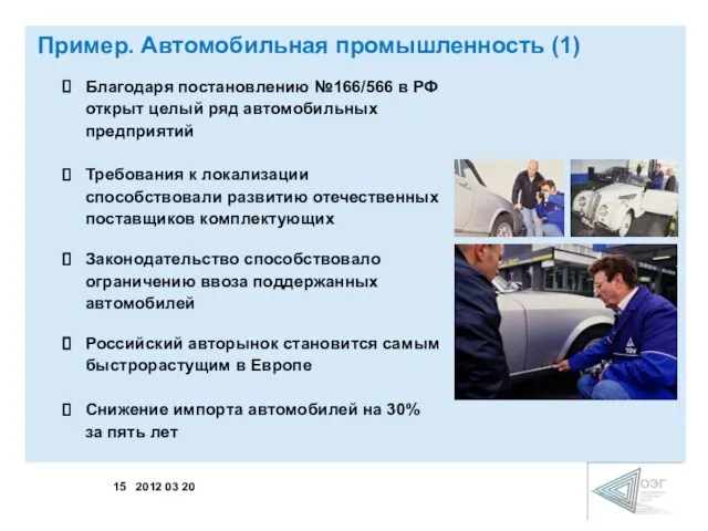 Пример. Автомобильная промышленность (1) Благодаря постановлению №166/566 в РФ открыт целый ряд