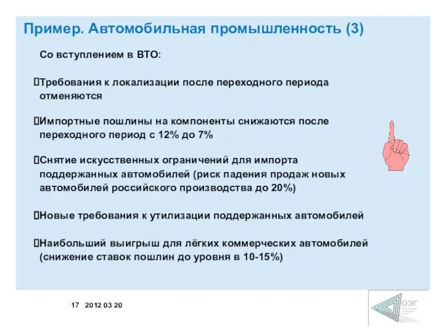 Пример. Автомобильная промышленность (3) Со вступлением в ВТО: Требования к локализации после