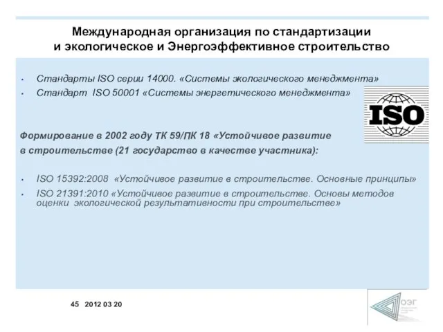 Стандарты ISO серии 14000. «Системы экологического менеджмента» Стандарт ISO 50001 «Системы энергетического