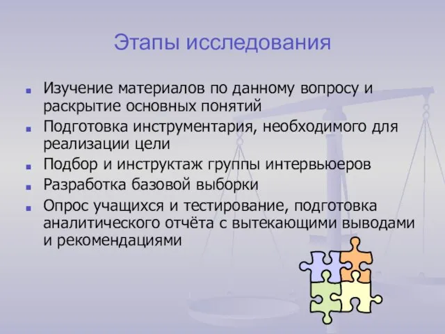 Этапы исследования Изучение материалов по данному вопросу и раскрытие основных понятий Подготовка