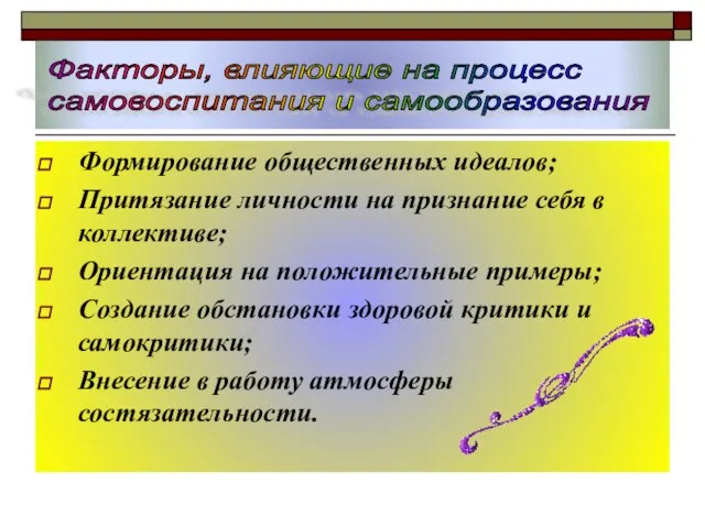 Формирование общественных идеалов; Притязание личности на признание себя в коллективе; Ориентация на