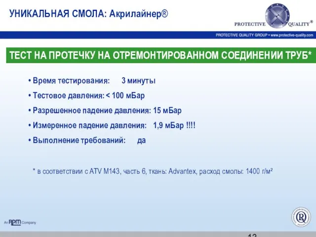 УНИКАЛЬНАЯ СМОЛА: Акрилайнер® Время тестирования: 3 минуты Тестовое давления: Разрешенное падение давления: