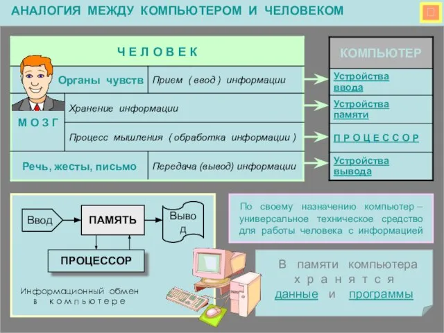  АНАЛОГИЯ МЕЖДУ КОМПЬЮТЕРОМ И ЧЕЛОВЕКОМ В памяти компьютера х р а