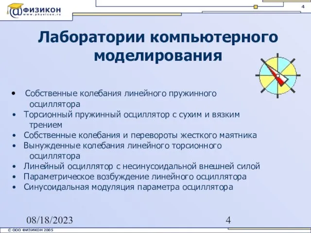 08/18/2023 Лаборатории компьютерного моделирования Собственные колебания линейного пружинного осциллятора Торсионный пружинный осциллятор