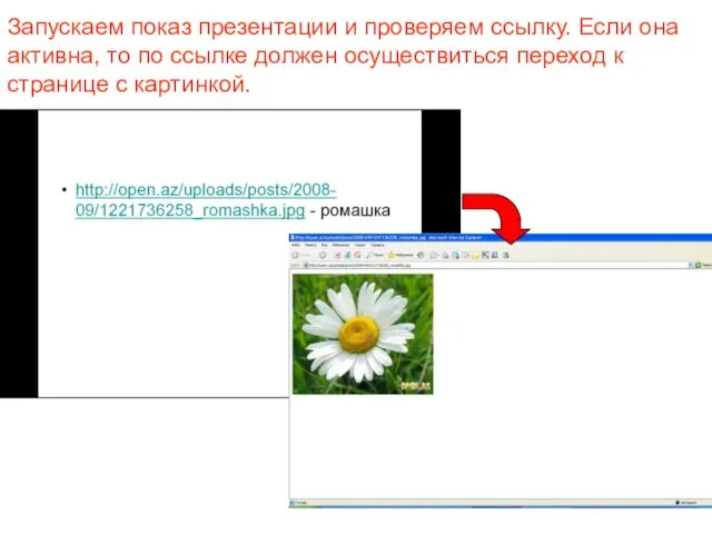 Запускаем показ презентации и проверяем ссылку. Если она активна, то по ссылке