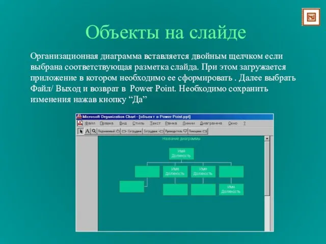 Объекты на слайде Организационная диаграмма вставляется двойным щелчком если выбрана соответствующая разметка