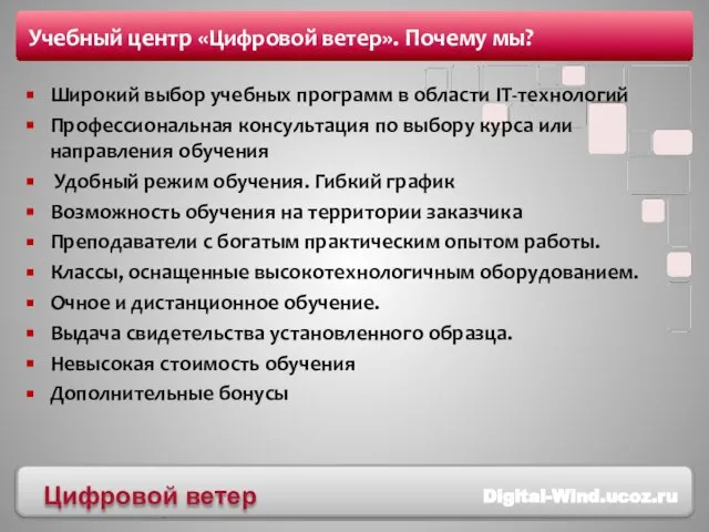 Учебный центр «Цифровой ветер». Почему мы? Широкий выбор учебных программ в области