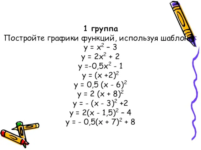 1 группа Постройте графики функций, используя шаблоны: у = х2 – 3