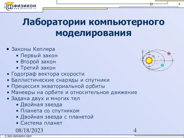 08/18/2023 Лаборатории компьютерного моделирования Законы Кеплера Первый закон Второй закон Третий закон