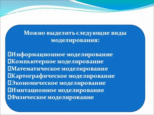 Можно выделить следующие виды моделирования: Информационное моделирование Компьютерное моделирование Математическое моделирование Картографическое