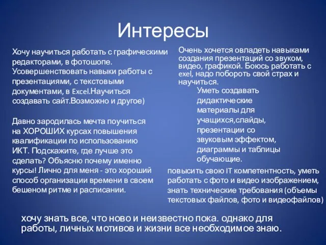 Интересы Очень хочется овладеть навыками создания презентаций со звуком, видео, графикой. Боюсь