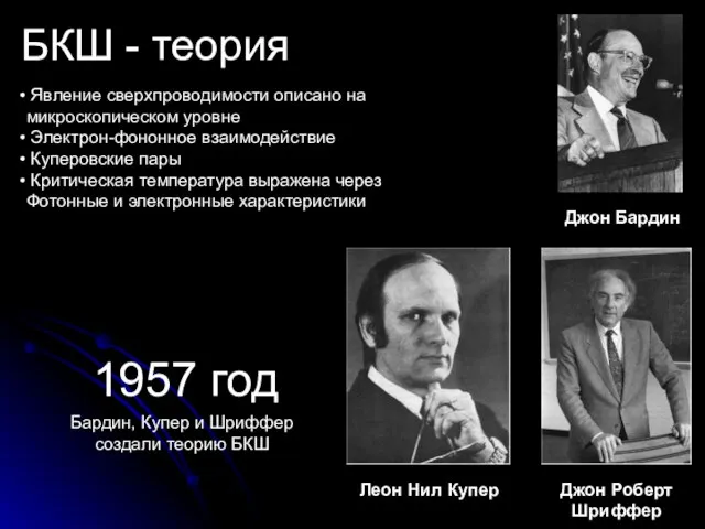 БКШ - теория Явление сверхпроводимости описано на микроскопическом уровне Электрон-фононное взаимодействие Куперовские