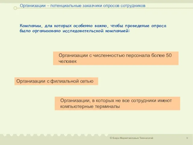 Организации – потенциальные заказчики опросов сотрудников Компании, для которых особенно важно, чтобы