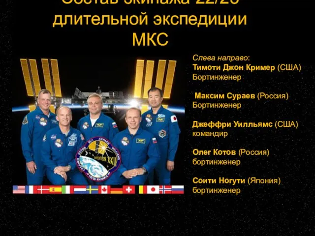 Состав экипажа 22/23 длительной экспедиции МКС Слева направо: Тимоти Джон Кример (США)